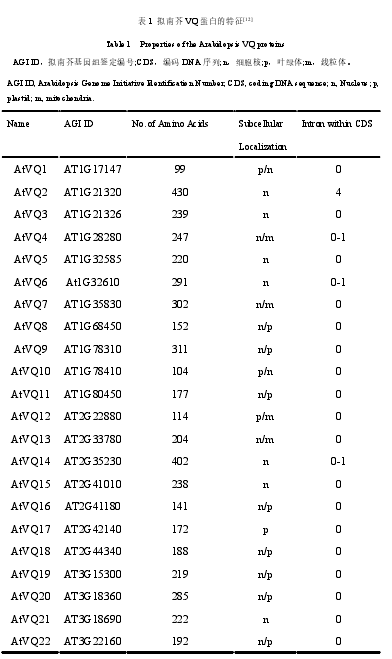 表 1  拟南芥 VQ 蛋白的特征