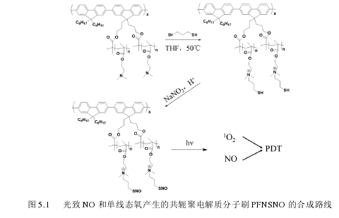 图 5.1  光致 NO 和单线态氧产生的共轭聚电解质分子刷 PFNSNO 的合成路线