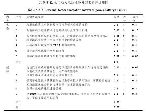 表 5-5 YL 公司动力电池业务外部要素评价矩阵