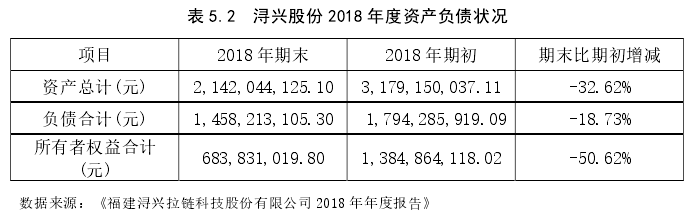 表 5.2  浔兴股份 2018 年度资产负债状况