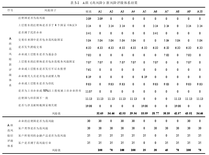 表 5-1 A 组（高风险）新风险评级体系结果