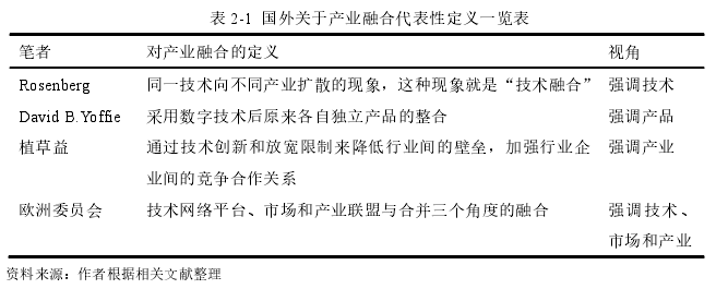 表 2-1  国外关于产业融合代表性定义一览表 