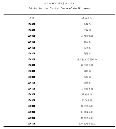 表 5-1 BK 公司成本中心设置