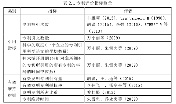 表 2.1 专利评价指标测量