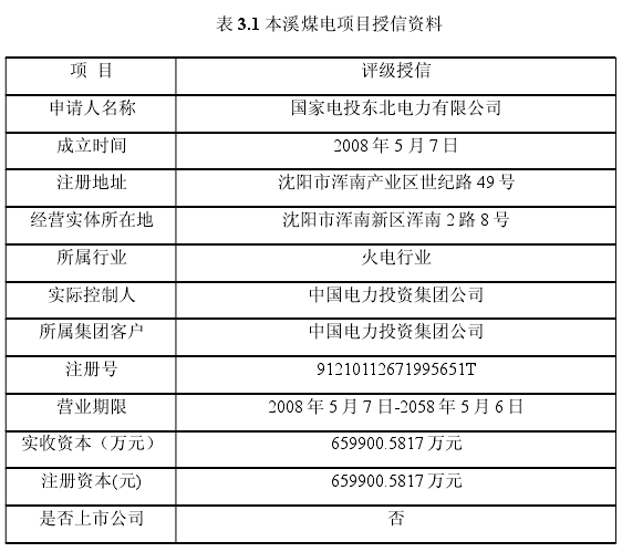 表 3.1 本溪煤电项目授信资料