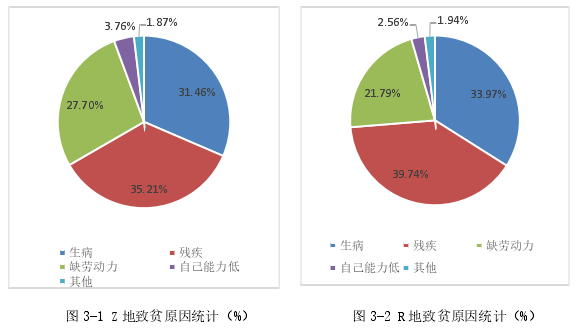 图 3-1 Z 地致贫原因统计（%）             图 3-2 R 地致贫原因统计（%） 