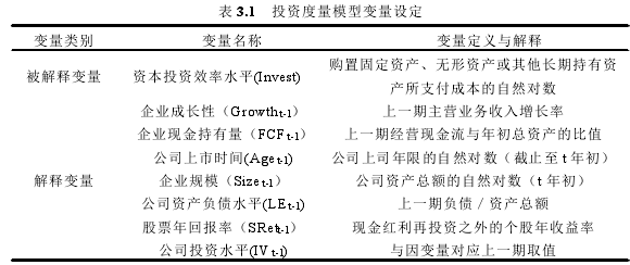 表 3.1 投资度量模型变量设定