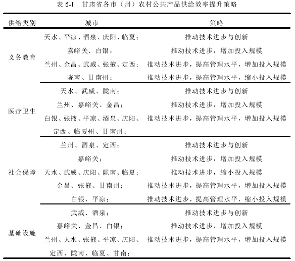 表 6-1 甘肃省各市（州）农村公共产品供给效率提升策略