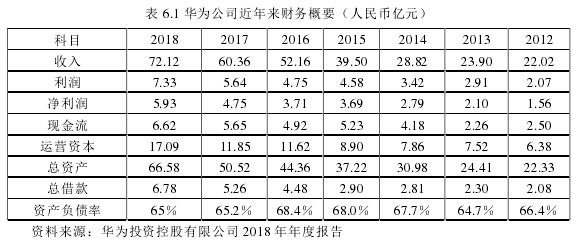 表 6.1 华为公司近年来财务概要（人民币亿元） 