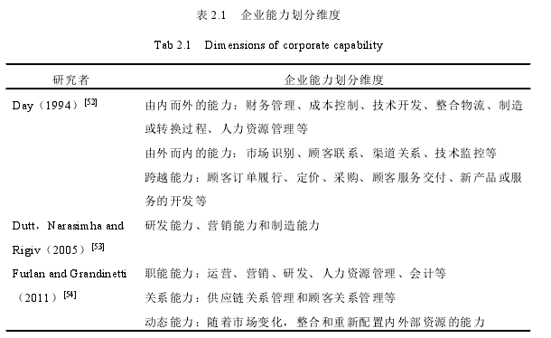 表 2.1 企业能力划分维度