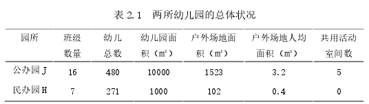 表 2.1 两所幼儿园的总体状况