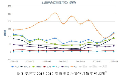 图 3 安庆市 2018-2019 雾霾主要污染物月浓度对比图