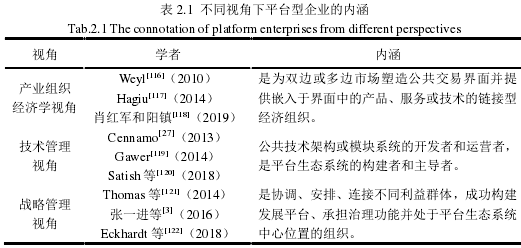 表 2.1 不同视角下平台型企业的内涵