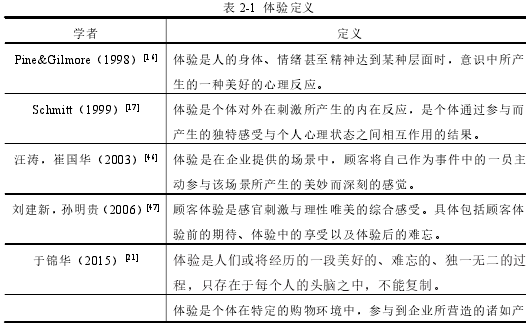 表 2-1 体验定义