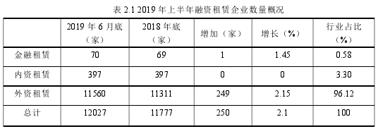 表 2.1 2019 年上半年融资租赁企业数量概况