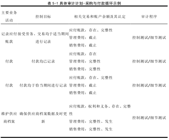 表 5-1 具体审计计划-采购与付款循环示例