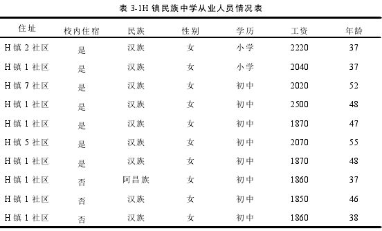 表 3-1H 镇民族中学从业人员情况表