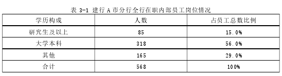 表 3-1 建行 A 市分行全行在职内部员工岗位情况