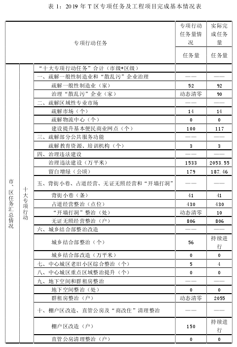 表 1：2019 年 T 区专项任务及工程项目完成基本情况表