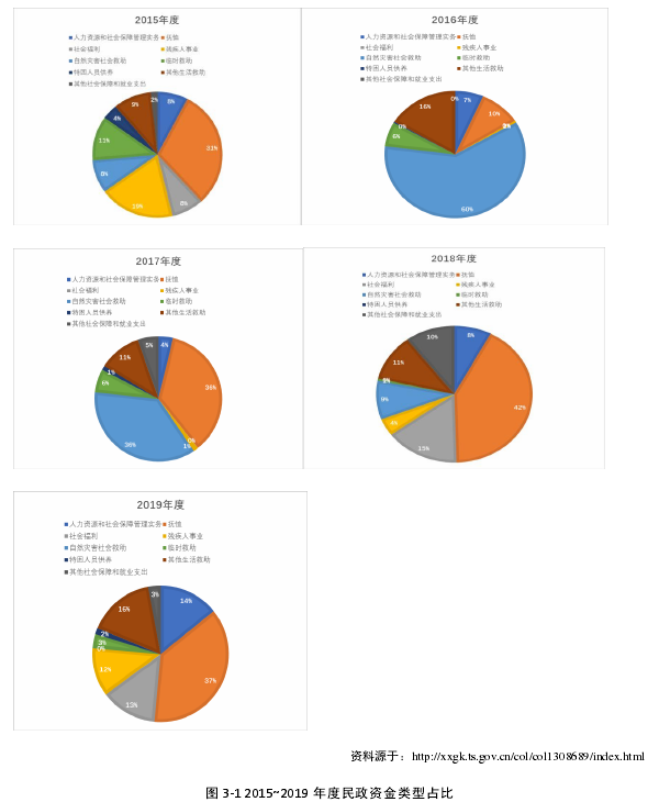 图 3-1 2015~2019 年度民政资金类型占比