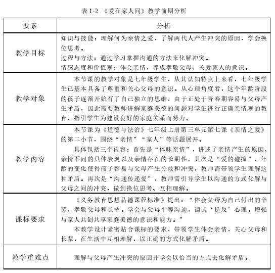 表 1-2 《爱在家人间》教学前期分析