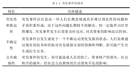 表 1.1 突发事件的特征