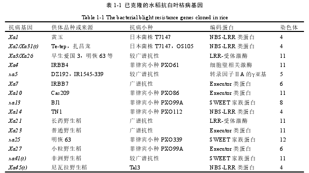 表 1-1 已克隆的水稻抗白叶枯病基因