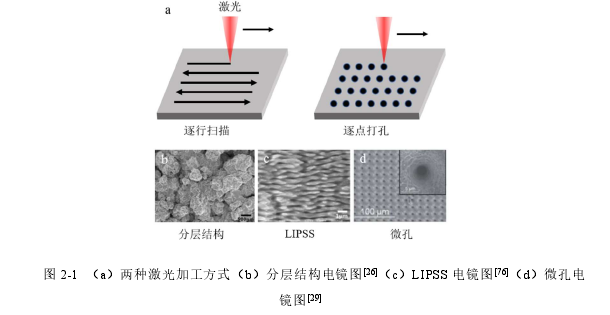 图 2-1  （a）两种激光加工方式（b）分层结构电镜图[26]（c）LIPSS 电镜图[76]（d）微孔电镜图[29]