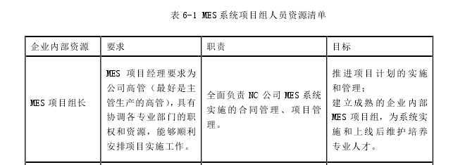 表 6-1 MES 系统项目组人员资源清单 