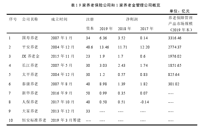 表 1 9 家养老保险公司和 1 家养老金管理公司概览