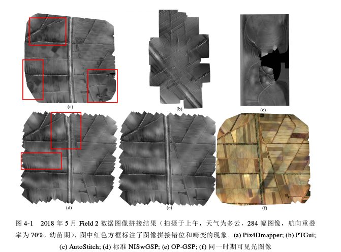 图 4-1 2018 年 5 月 Field 2 数据图像拼接结果（拍摄于上午，天气为多云，284 幅图像，航向重叠率为 70%，幼苗期），图中红色方框标注了图像拼接错位和畸变的现象。(a) Pix4Dmapper; (b) PTGui;(c) AutoStitch; (d) 标准 NISwGSP; (e) OP-GSP; (f) 同一时期可见光图像