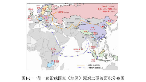 图1-1  一带一路沿线国家（地区）泥炭土覆盖面积分布图 