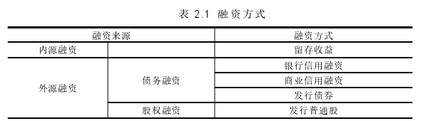 表 2.1 融资方式