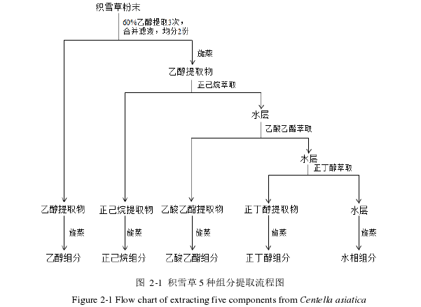 图  2-1  积雪草 5 种组分提取流程图 