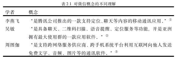 表 2.1 对微信概念的不同理解